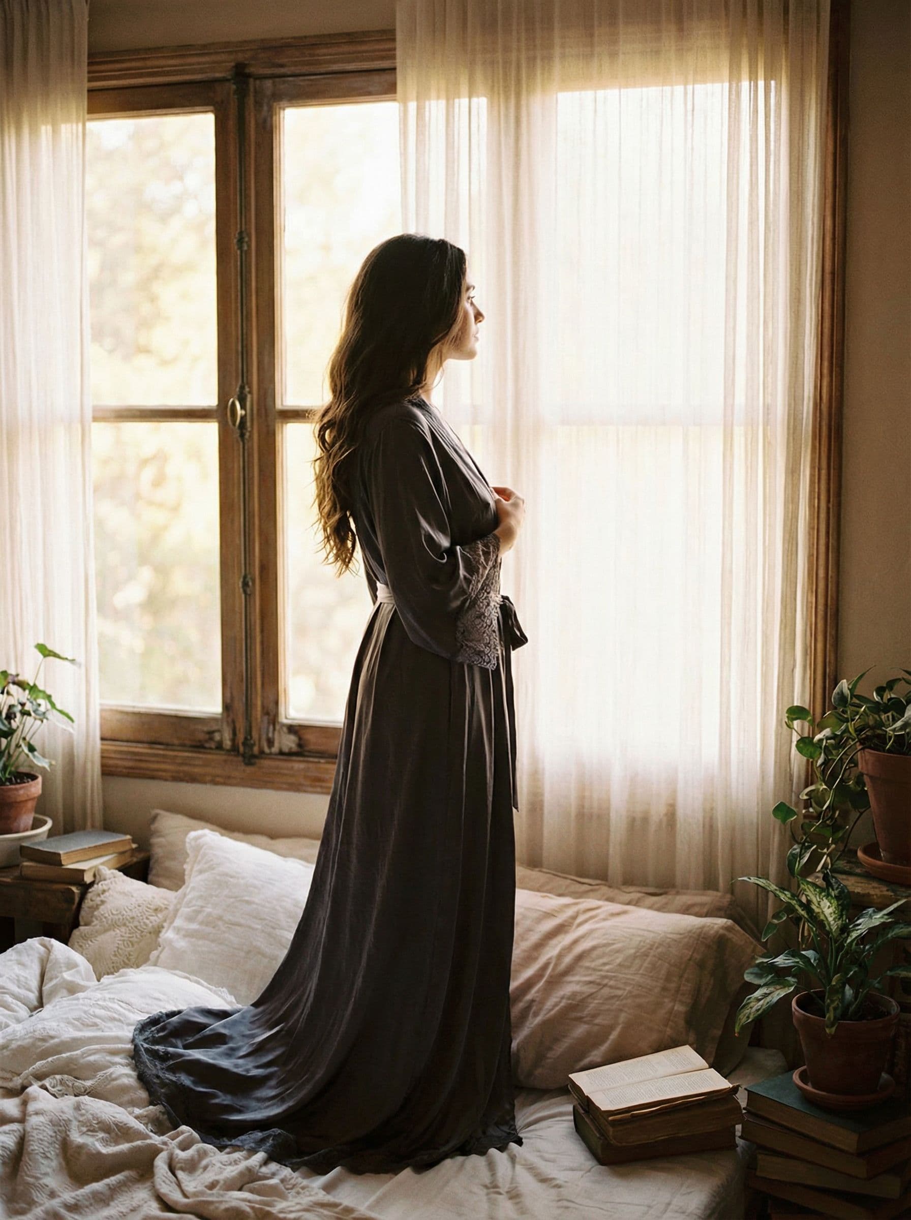 A woman in a long dress by a bedroom window